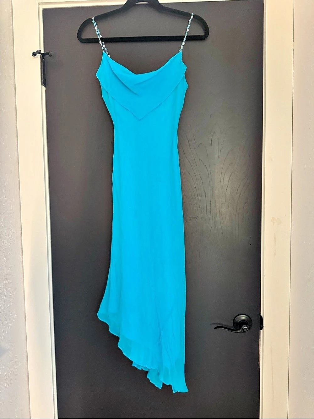 Aquamarine Size 6 100% Silk Turquoise Beaded Strap Asymmetrical Dress